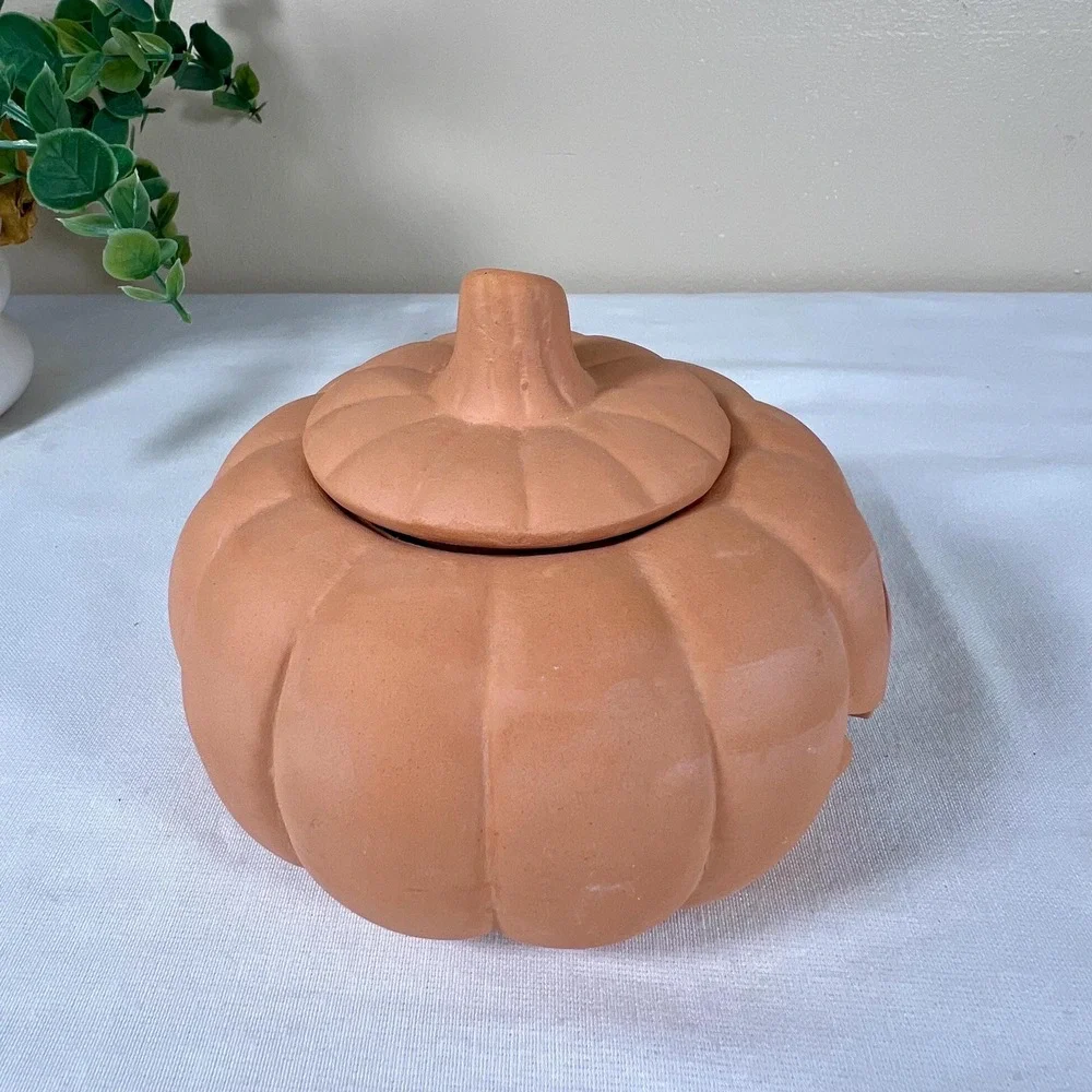 Small Vintage Terracotta Unglazed Pumpkin Jack-O-Lantern